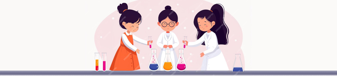 Dibujo de tres mujeres jóvenes con batas de laboratorio realizando un experimento.